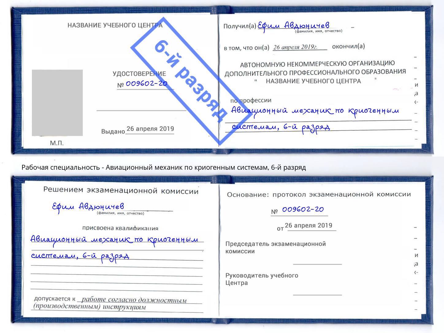 корочка 6-й разряд Авиационный механик по криогенным системам Мелеуз