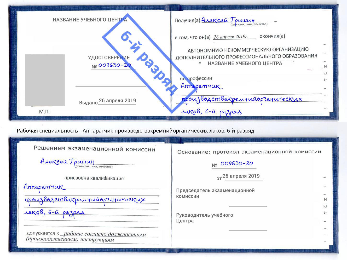 корочка 6-й разряд Аппаратчик производствакремнийорганических лаков Мелеуз