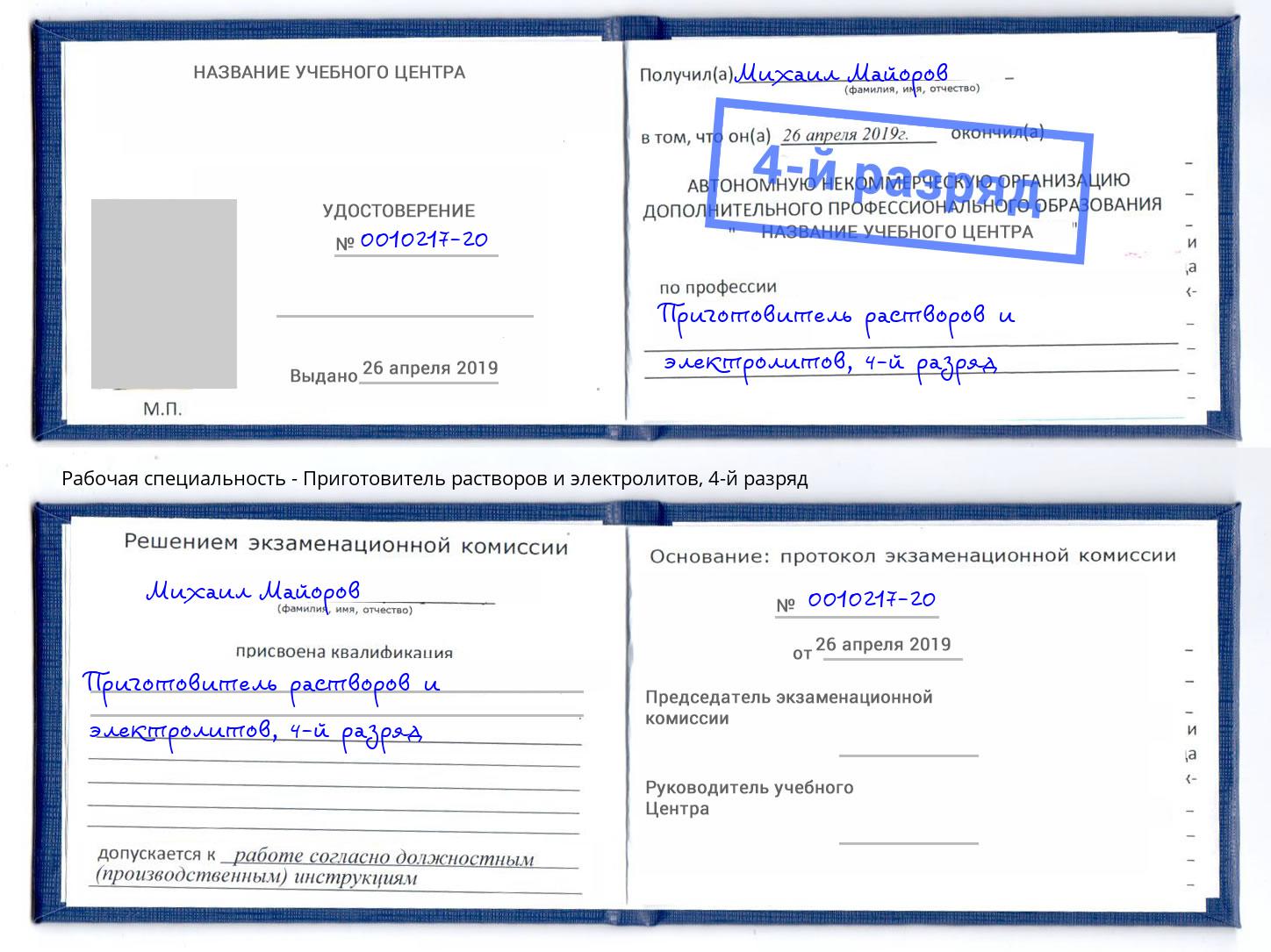 корочка 4-й разряд Приготовитель растворов и электролитов Мелеуз