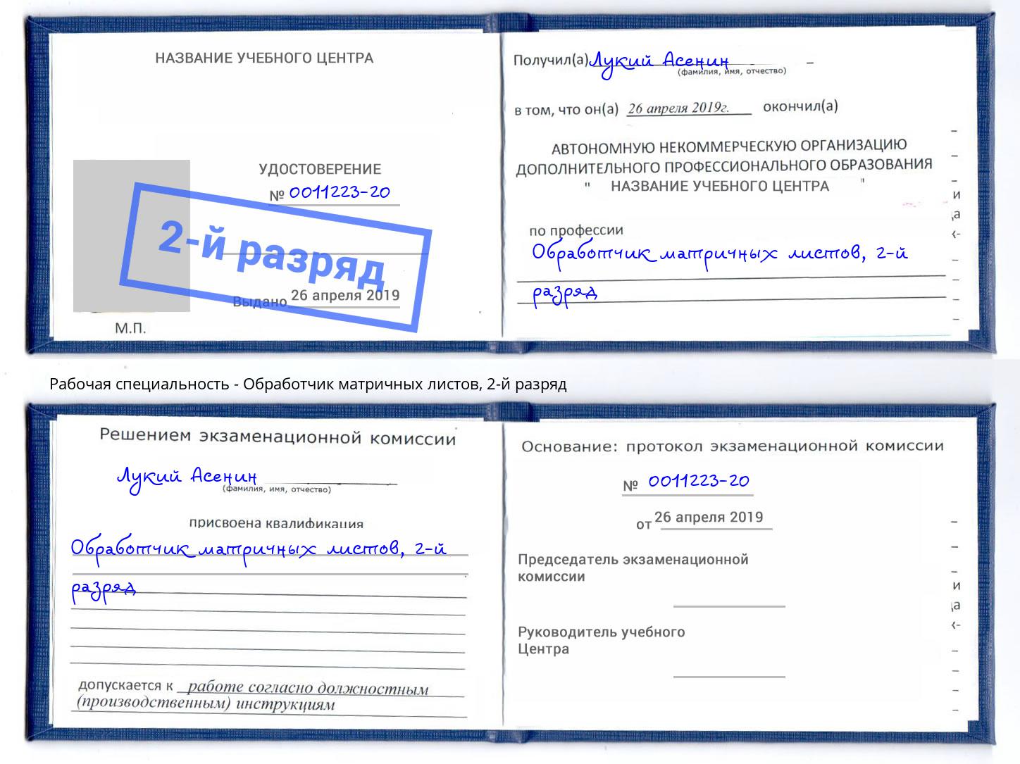 корочка 2-й разряд Обработчик матричных листов Мелеуз